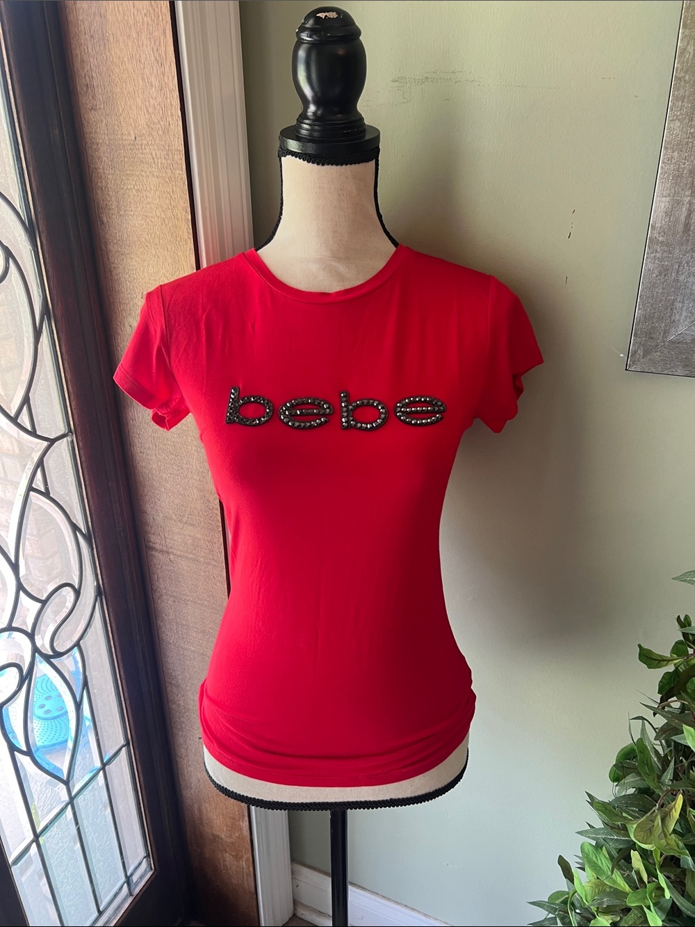 bebe Red Rhinestone Logo Short Sleeve Tee